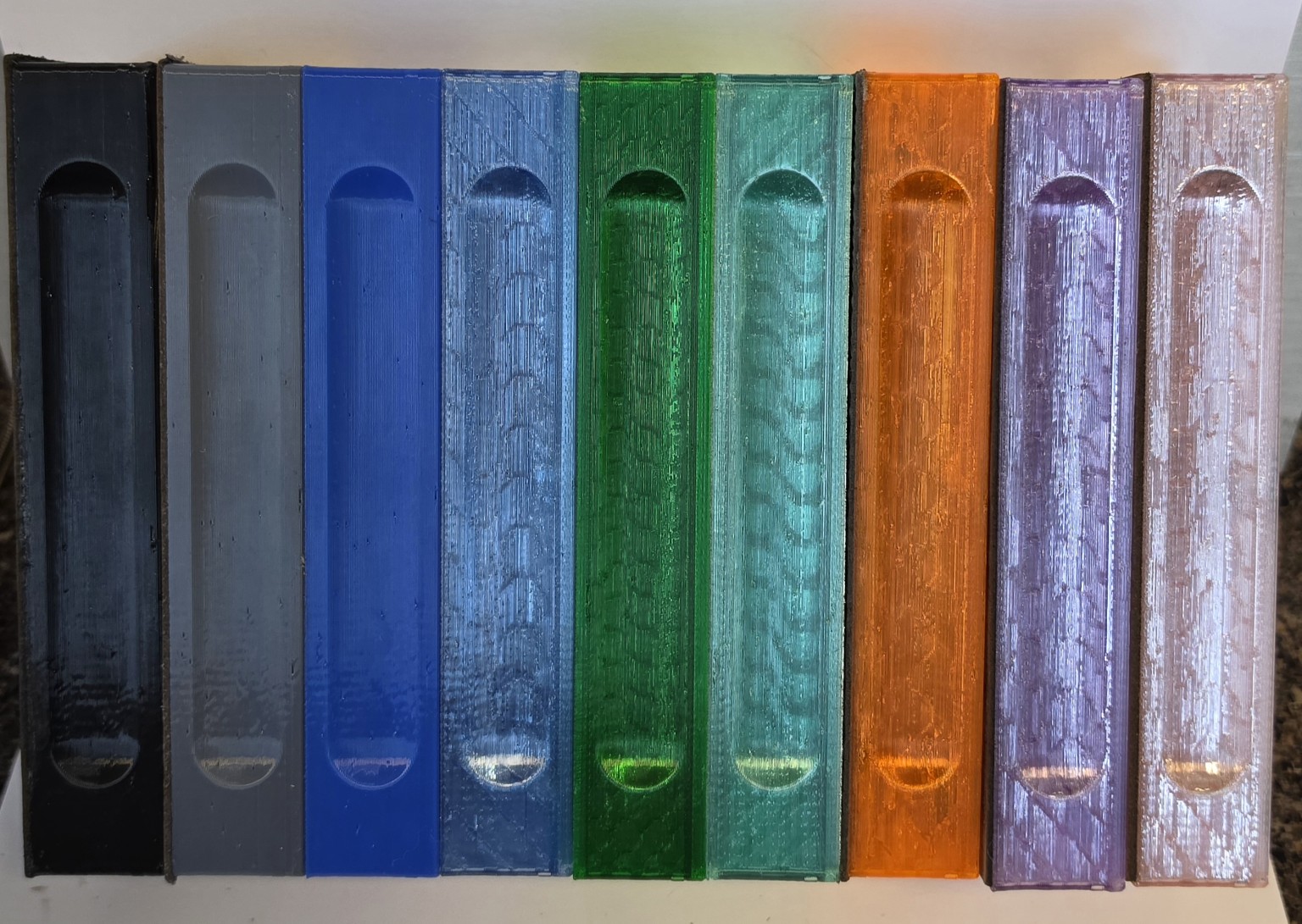 Nine in-stock PETG color samples